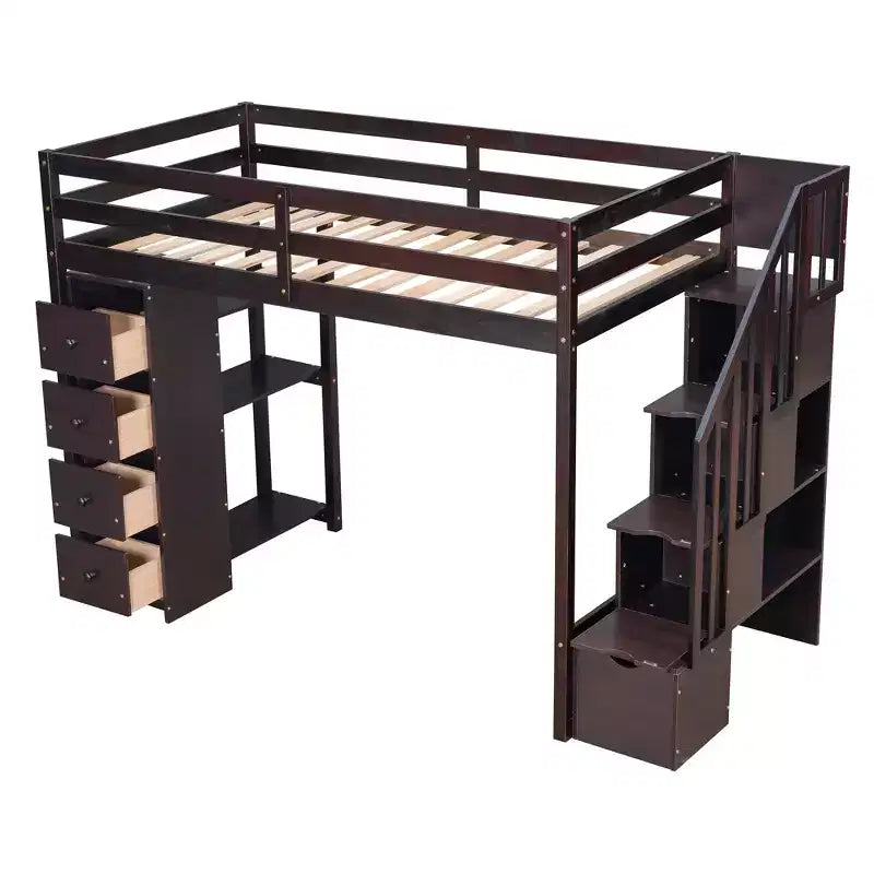 Hochbett mit Stauraumschubladen & Treppe – Espresso / Grau / Weiß, 1 Person