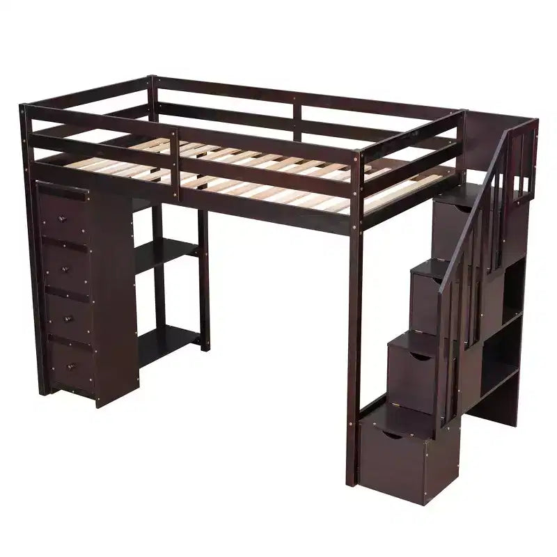 Hochbett mit Stauraumschubladen & Treppe – Espresso / Grau / Weiß, 1 Person
