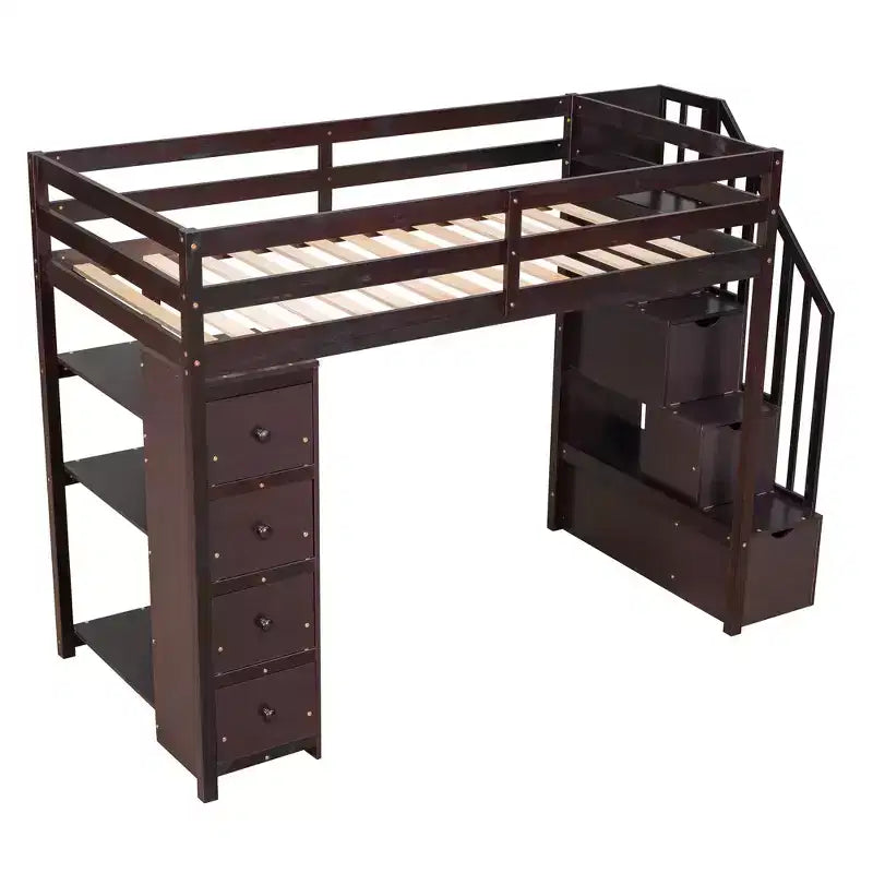 Hochbett mit Stauraumschubladen & Treppe – Espresso / Grau / Weiß, 1 Person