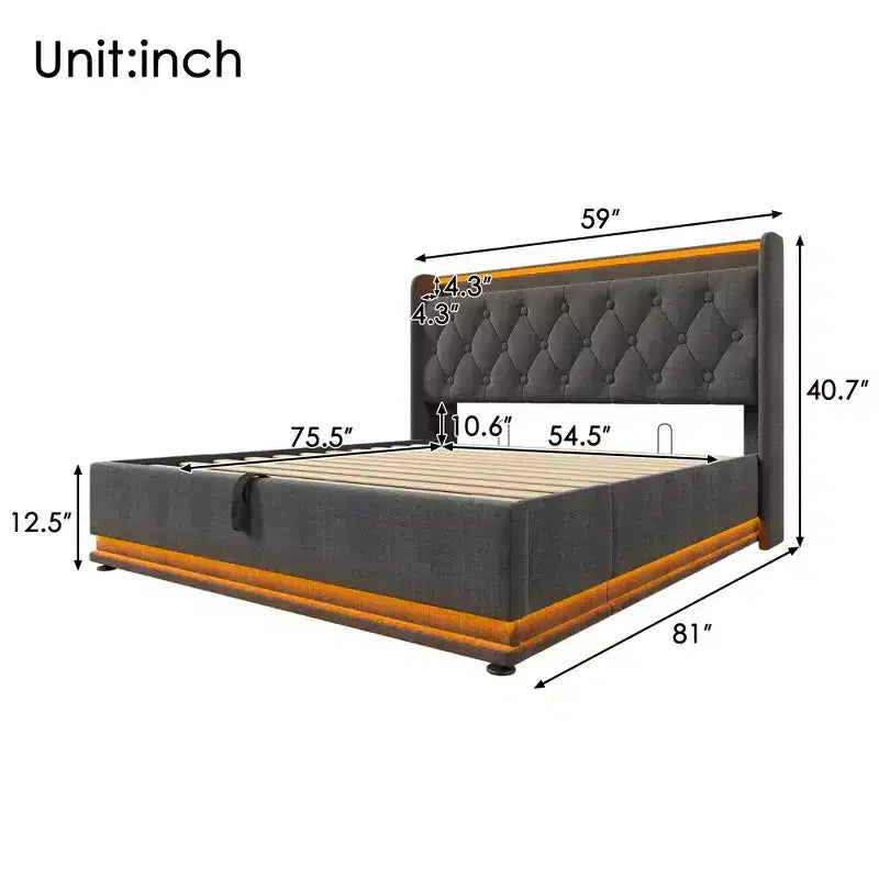 Graues Plattformbett in voller Größe mit LED-Beleuchtung und Typ-C-Ladeanschluss, für 1–2 Personen