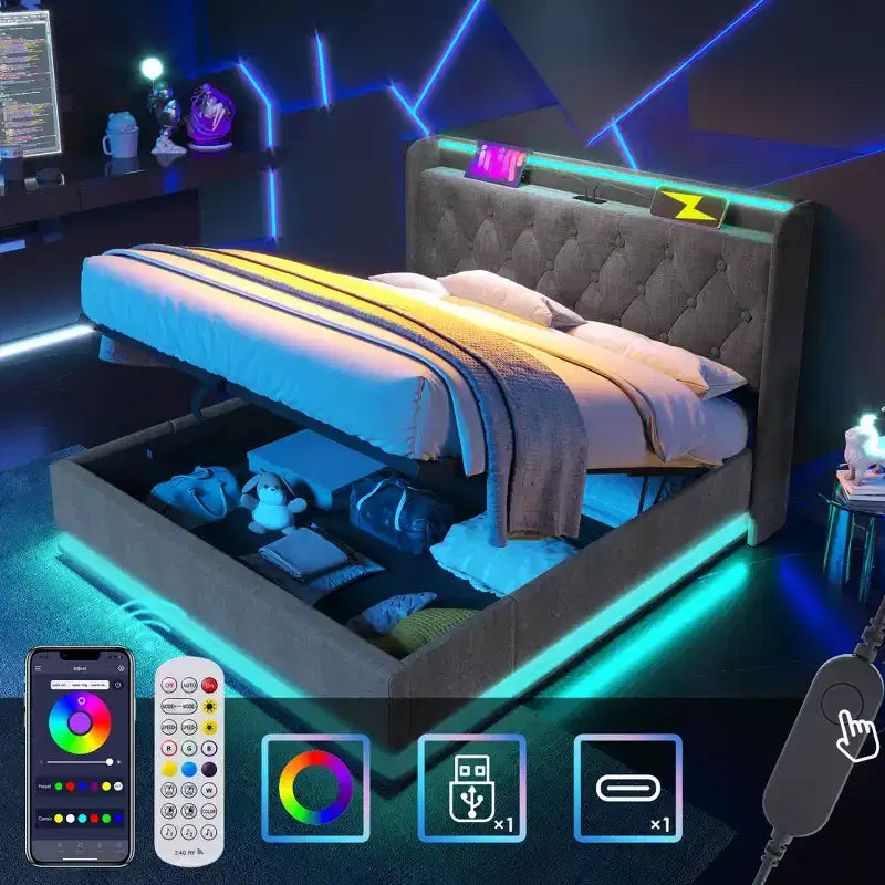 Graues Plattformbett in voller Größe mit LED-Beleuchtung und Typ-C-Ladeanschluss, für 1–2 Personen
