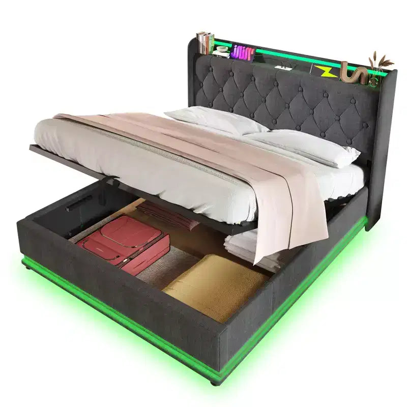 Graues Plattformbett in voller Größe mit LED-Beleuchtung und Typ-C-Ladeanschluss, für 1–2 Personen
