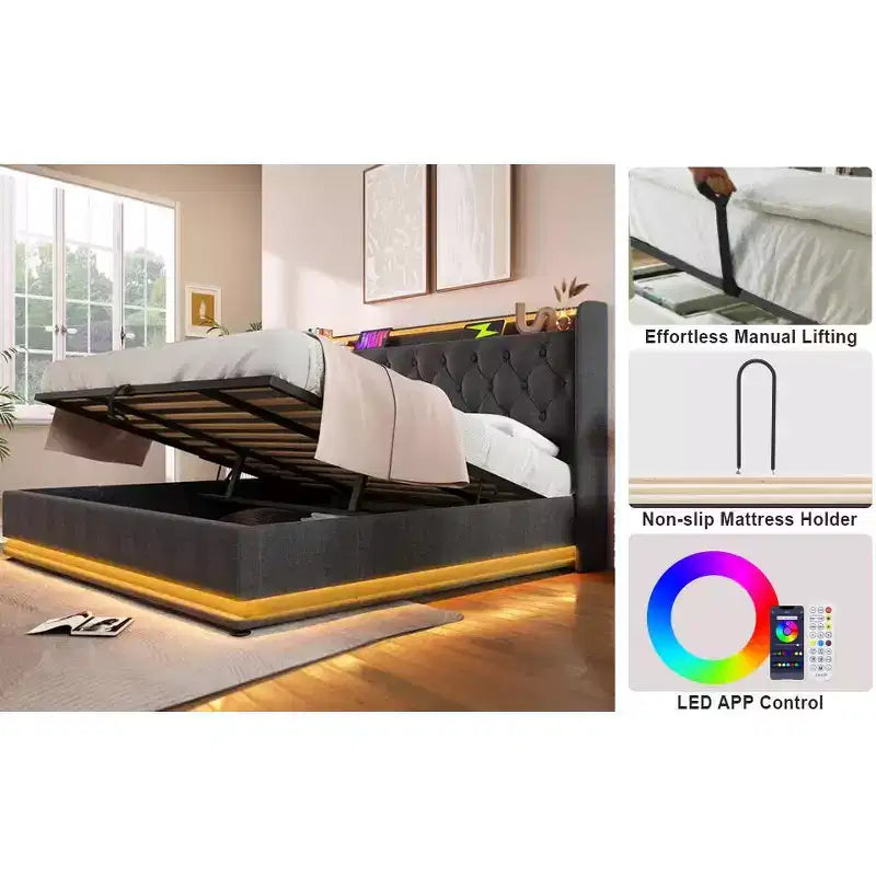 Graues Plattformbett in voller Größe mit LED-Beleuchtung und Typ-C-Ladeanschluss, für 1–2 Personen