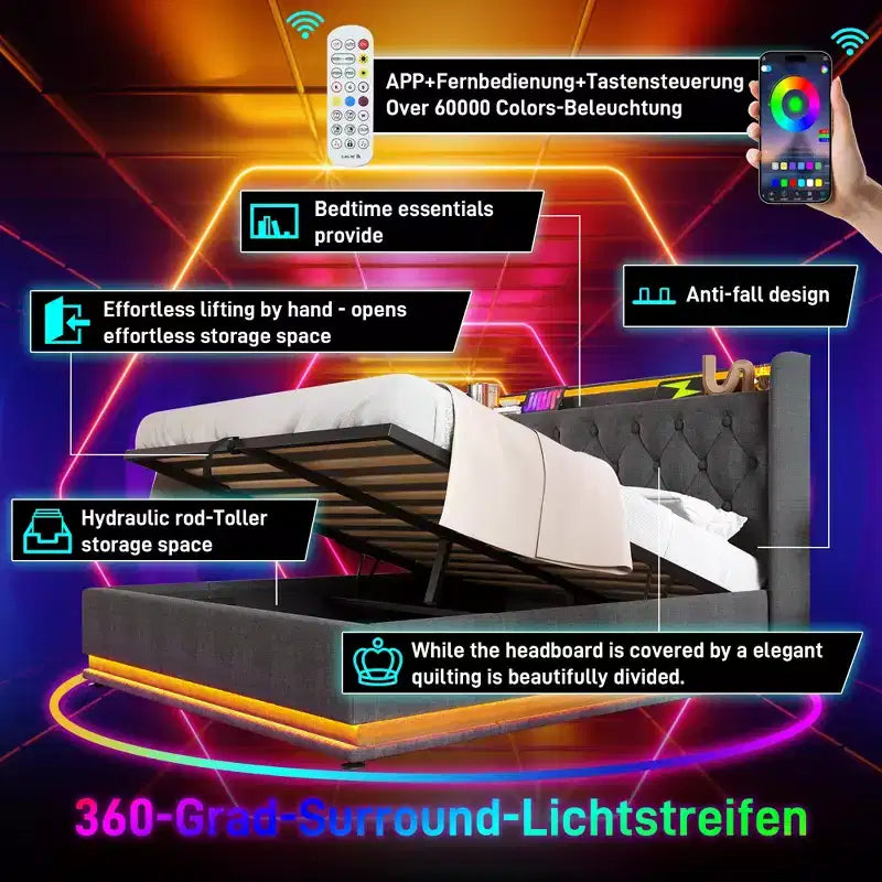 Graues Plattformbett in voller Größe mit LED-Beleuchtung und Typ-C-Ladeanschluss, für 1–2 Personen