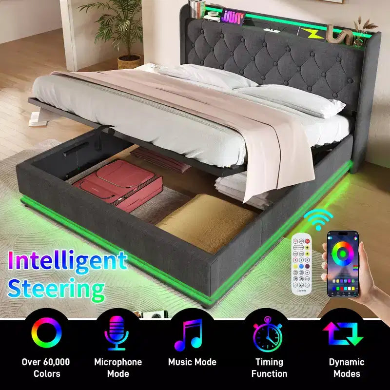 Graues Plattformbett in voller Größe mit LED-Beleuchtung und Typ-C-Ladeanschluss, für 1–2 Personen