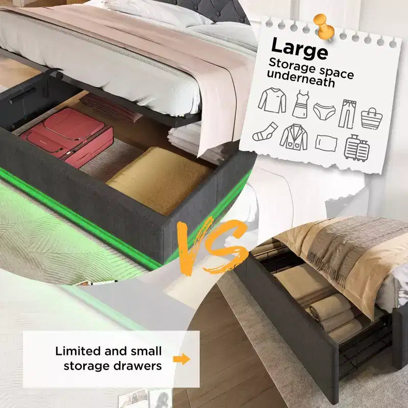 Graues Plattformbett in voller Größe mit LED-Beleuchtung und Typ-C-Ladeanschluss, für 1–2 Personen