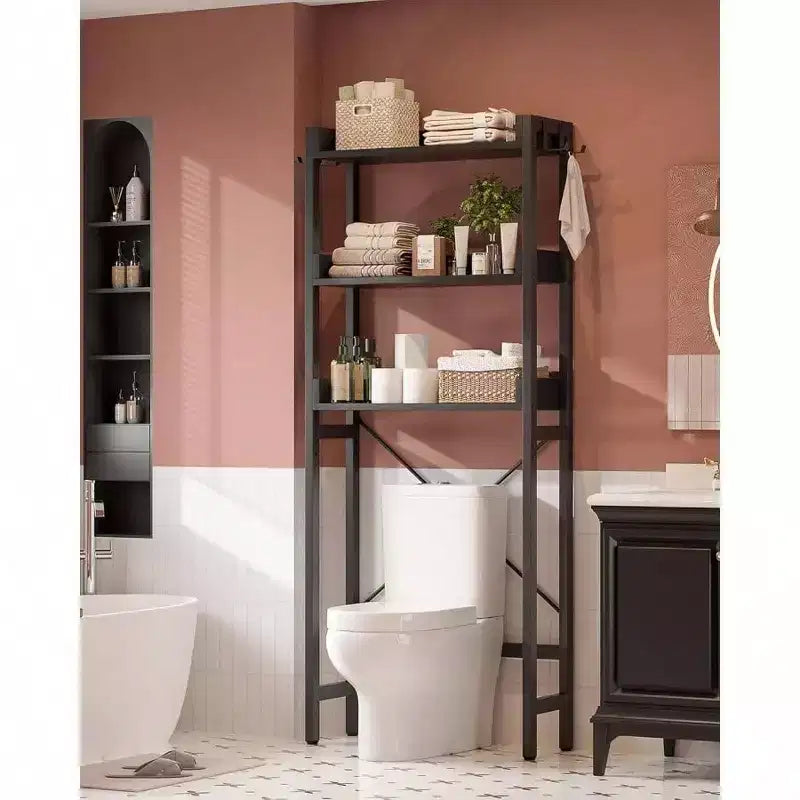 Badezimmerregal Über Toilette, 3-stöckig, Metall, Schwarz, mit 4 Haken, 180×64×25 cm – für das Badezimmer