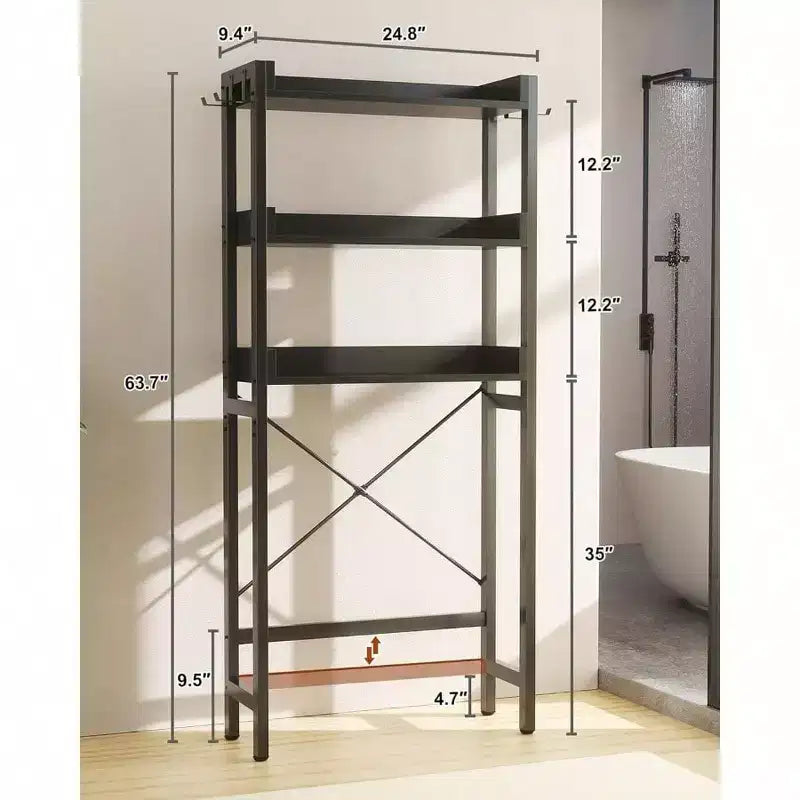 Badezimmerregal Über Toilette, 3-stöckig, Metall, Schwarz, mit 4 Haken, 180×64×25 cm – für das Badezimmer