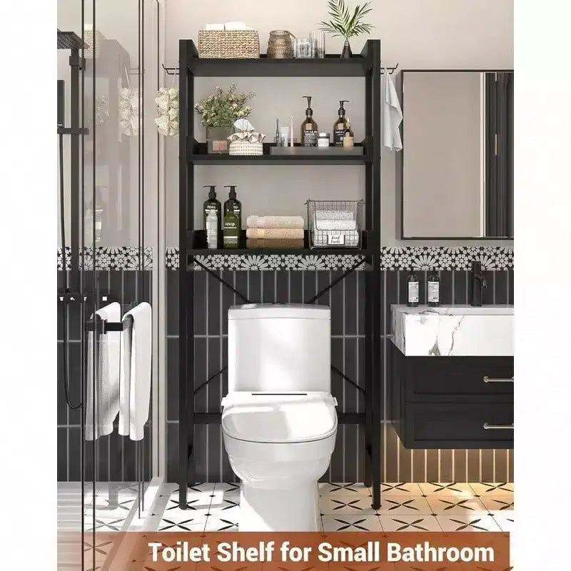 Badezimmerregal Über Toilette, 3-stöckig, Metall, Schwarz, mit 4 Haken, 180×64×25 cm – für das Badezimmer