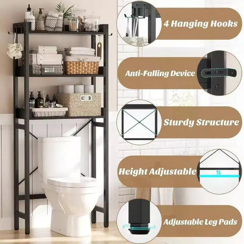 Badezimmerregal Über Toilette, 3-stöckig, Metall, Schwarz, mit 4 Haken, 180×64×25 cm – für das Badezimmer