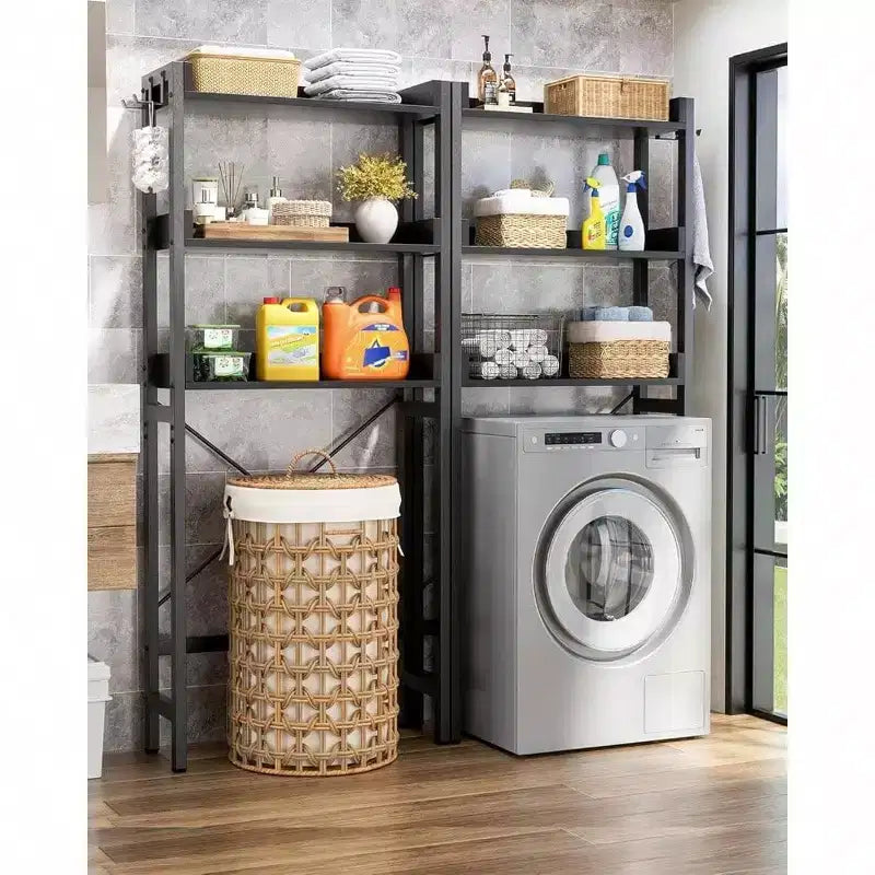 Badezimmerregal Über Toilette, 3-stöckig, Metall, Schwarz, mit 4 Haken, 180×64×25 cm – für das Badezimmer