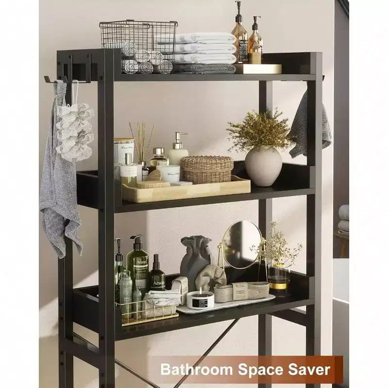 Badezimmerregal Über Toilette, 3-stöckig, Metall, Schwarz, mit 4 Haken, 180×64×25 cm – für das Badezimmer