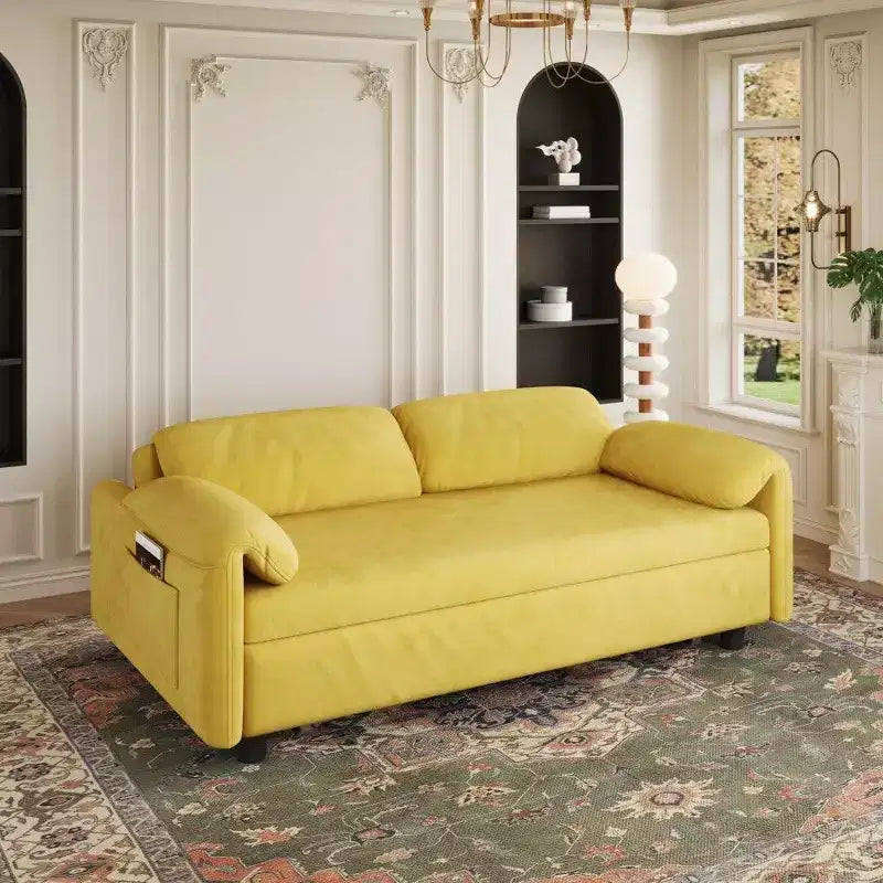 Velvet 2-Seater Sofa Bed with Side Pockets, 130 cm – Black / Yellow