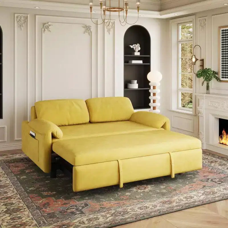 Velvet 2-Seater Sofa Bed with Side Pockets, 130 cm – Black / Yellow