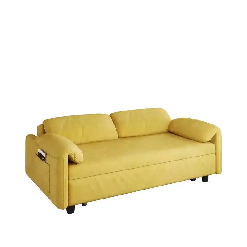 Velvet 2-Seater Sofa Bed with Side Pockets, 130 cm – Black / Yellow