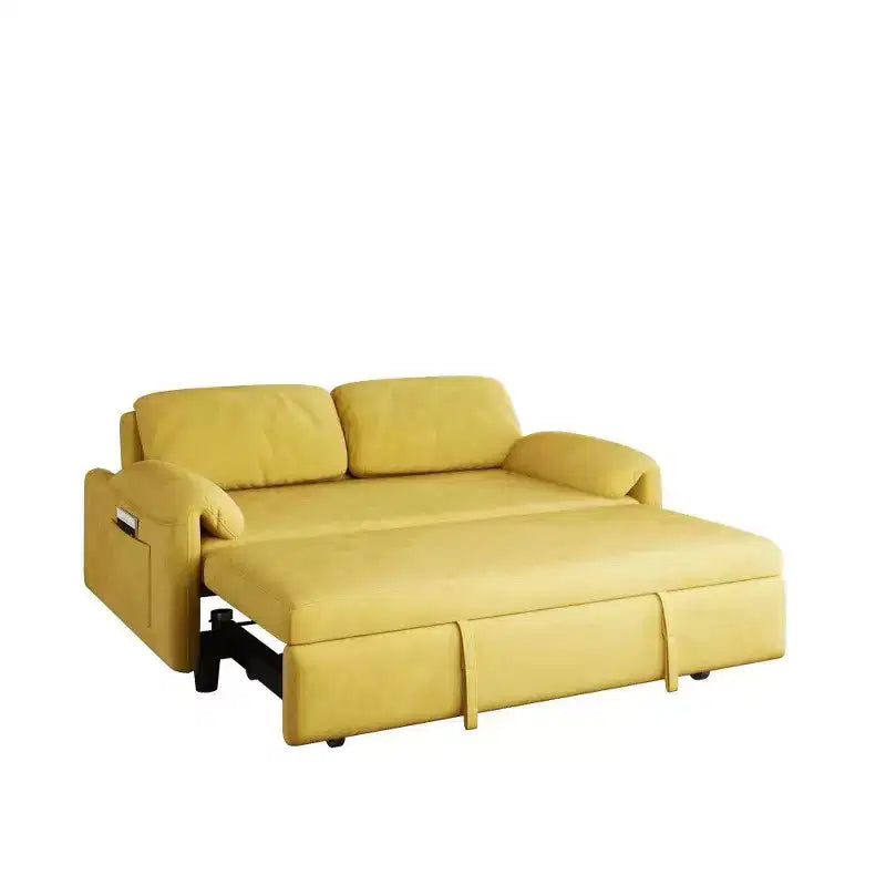 Velvet 2-Seater Sofa Bed with Side Pockets, 130 cm – Black / Yellow
