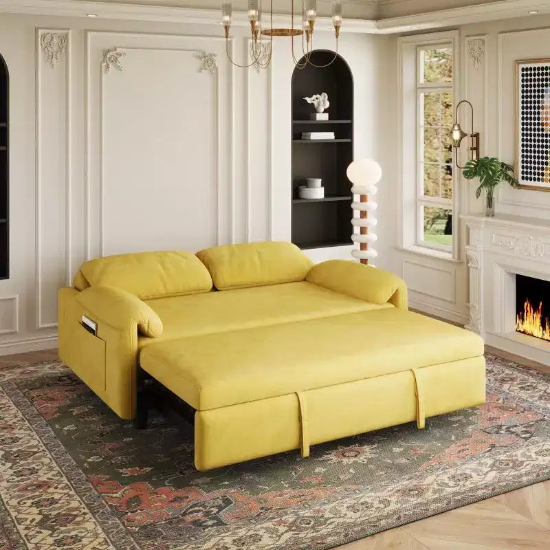 Velvet 2-Seater Sofa Bed with Side Pockets, 130 cm – Black / Yellow