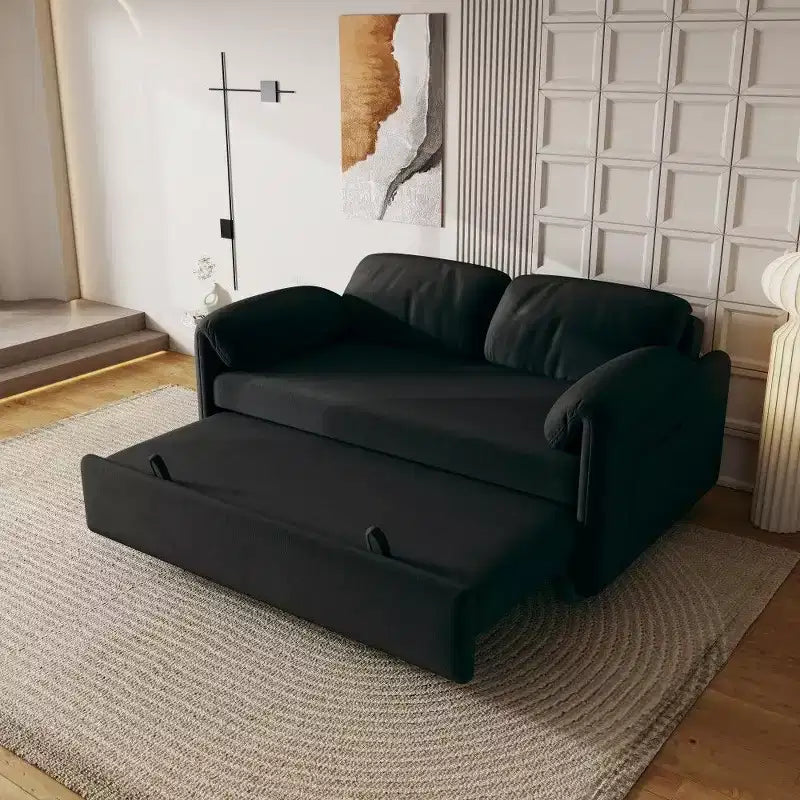 Velvet 2-Seater Sofa Bed with Side Pockets, 130 cm – Black / Yellow