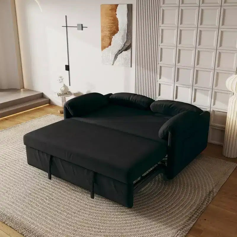 Velvet 2-Seater Sofa Bed with Side Pockets, 130 cm – Black / Yellow