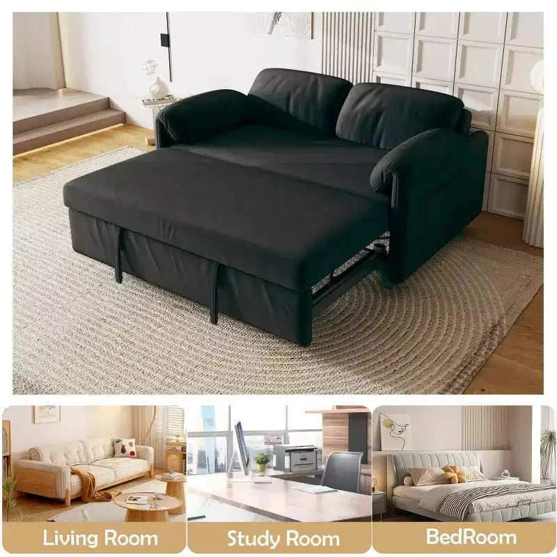 Velvet 2-Seater Sofa Bed with Side Pockets, 130 cm – Black / Yellow
