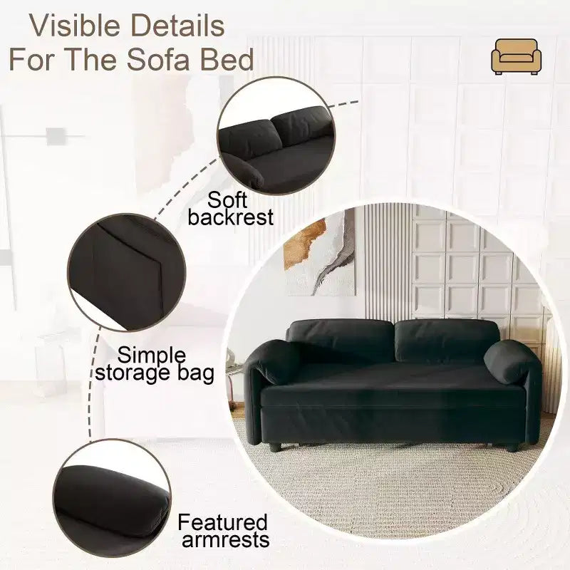 Velvet 2-Seater Sofa Bed with Side Pockets, 130 cm – Black / Yellow