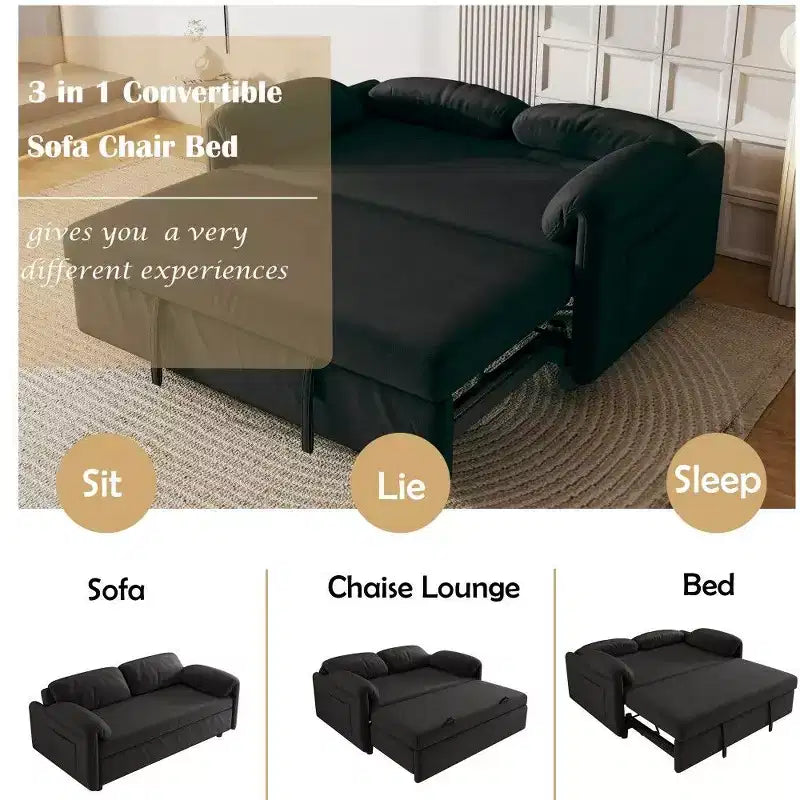 Velvet 2-Seater Sofa Bed with Side Pockets, 130 cm – Black / Yellow