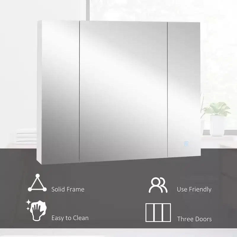 LED-Spiegelschrank mit 3 Türen, Dimmer und 9 Ablagen, 90×15×75 cm – Weiß