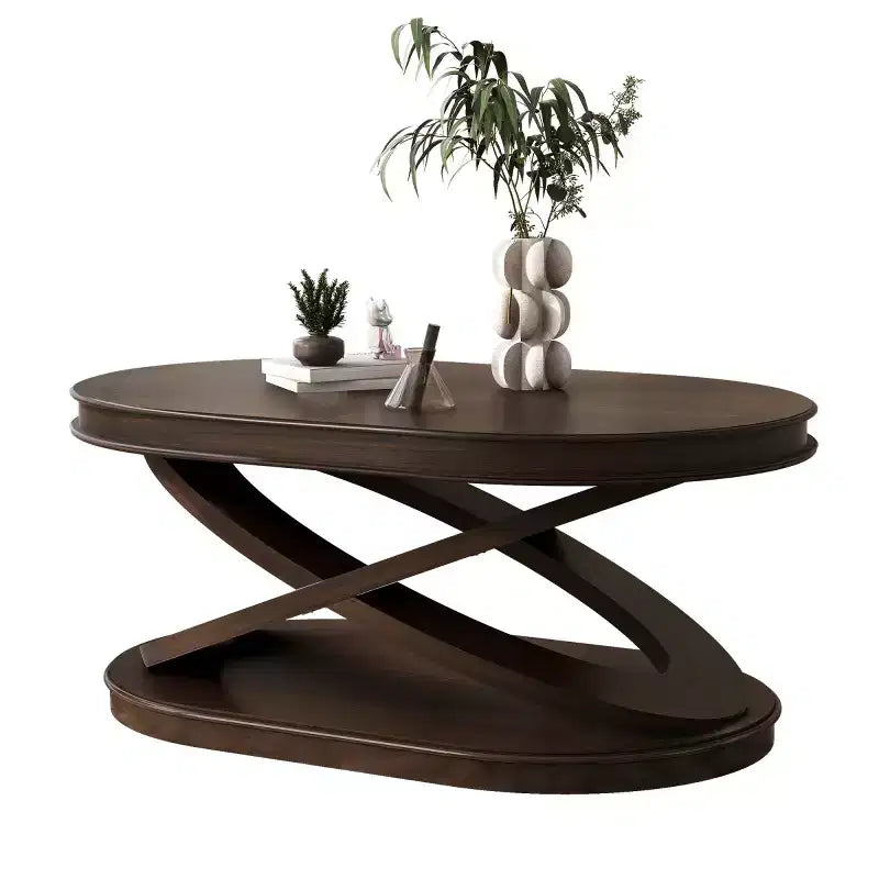 Ovale Kaffeetisch aus Holzfurnier mit X-förmigem Gestell, 112×71×43 cm – Braun / Espresso