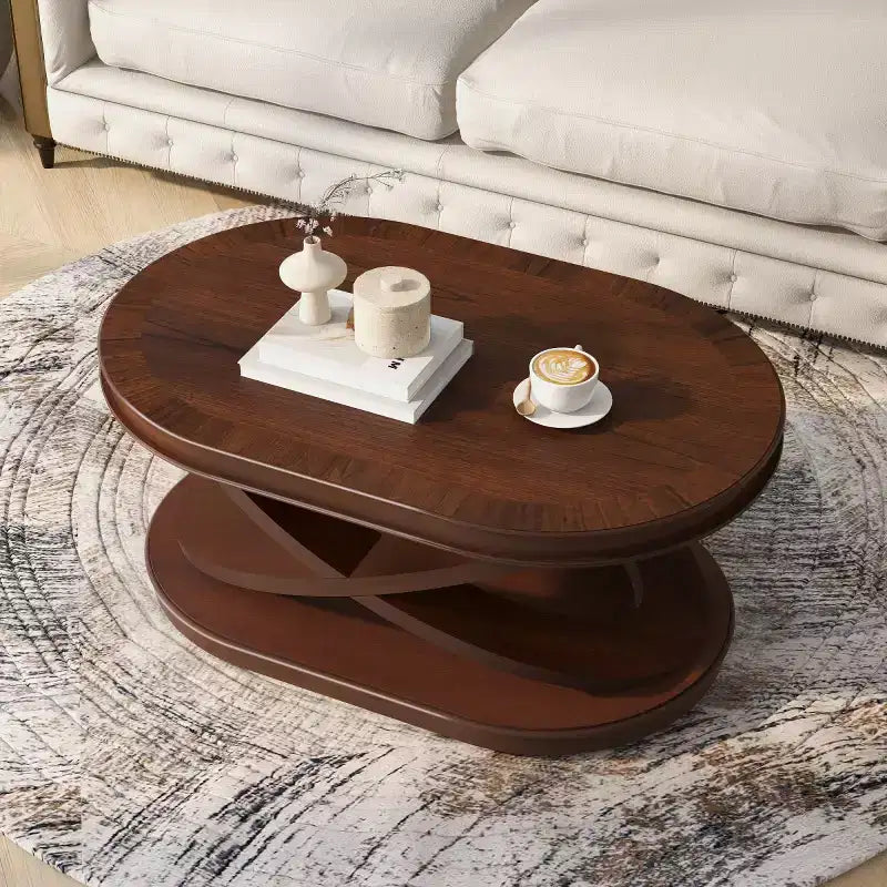 Ovale Kaffeetisch aus Holzfurnier mit X-förmigem Gestell, 112×71×43 cm – Braun / Espresso