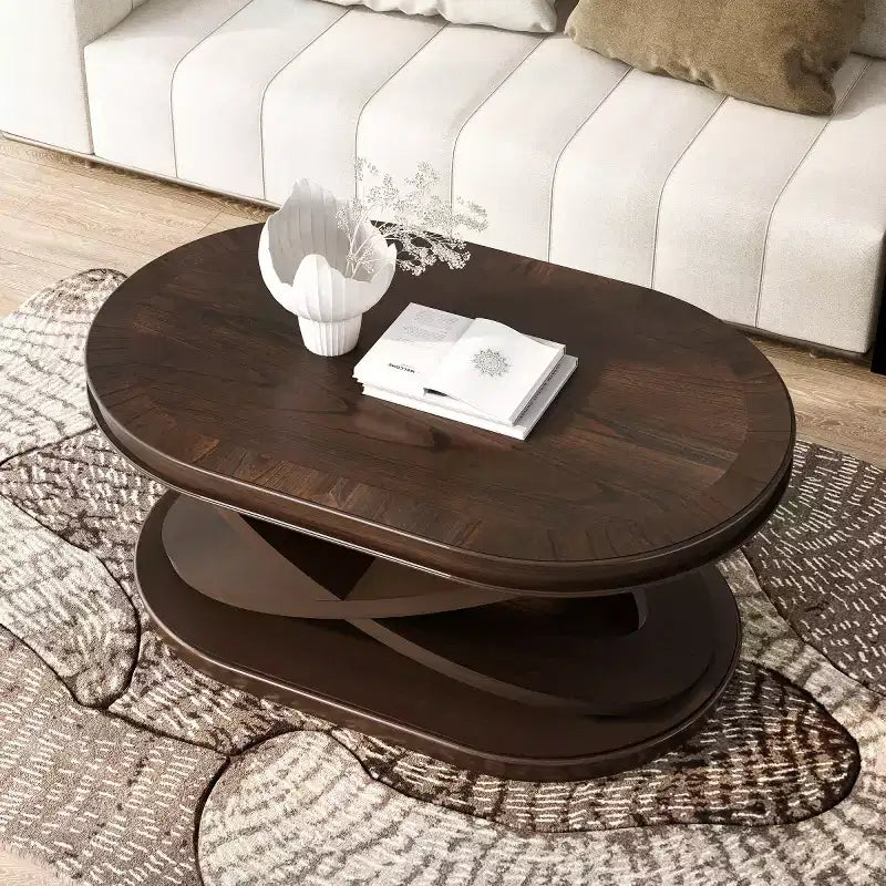 Ovale Kaffeetisch aus Holzfurnier mit X-förmigem Gestell, 112×71×43 cm – Braun / Espresso