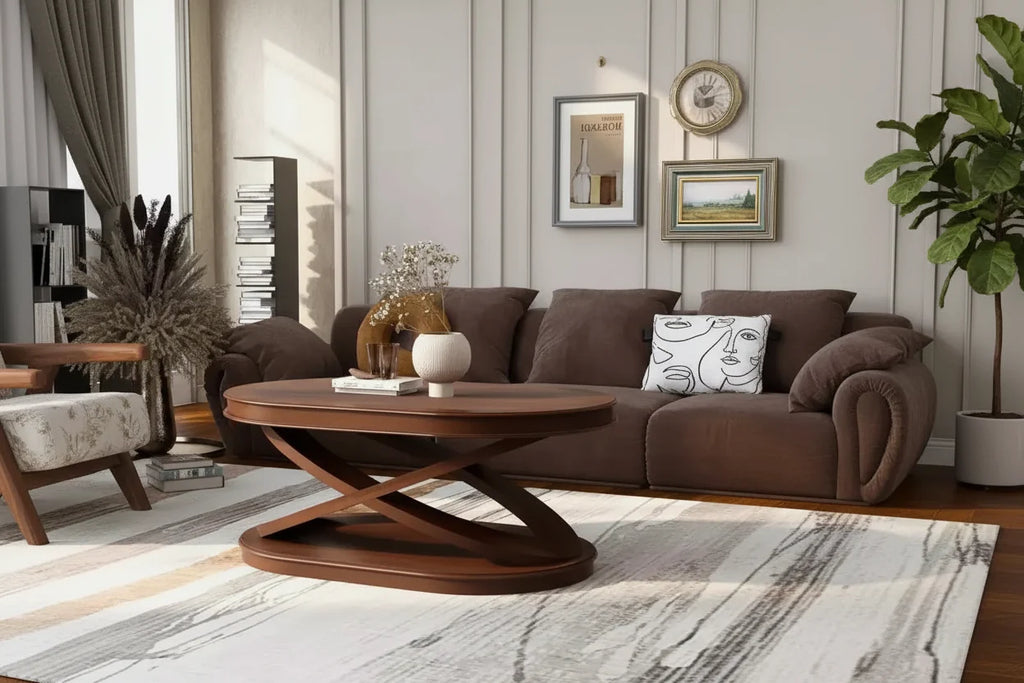31.5 Modern Oval Coffee Table with X-Shaped Base, Minimalist Wood Veneer Sofa Center Table for Living Room or Home Office-Panipeachy