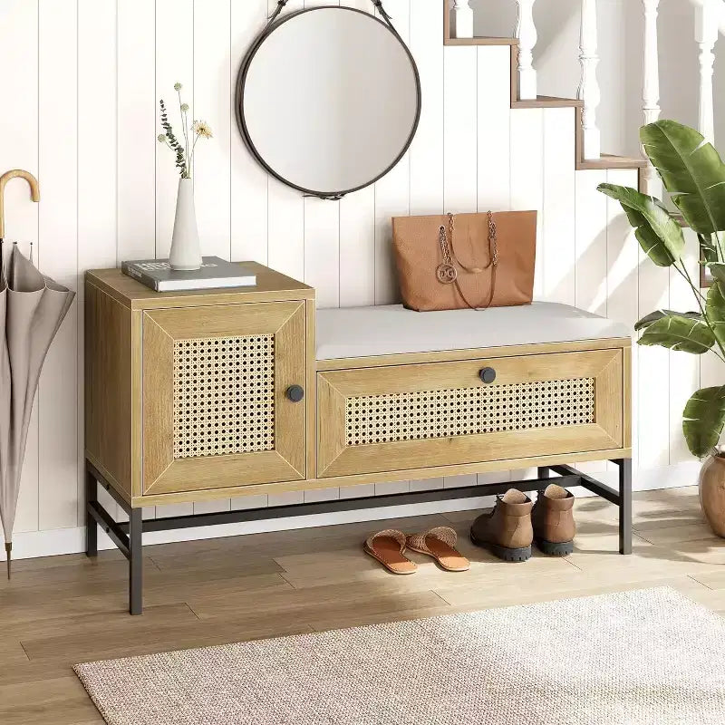 Rattan-Schuhbank mit kippbarem Fach und Kissen, Fassungsvermögen 3 Paar – für den Eingangsbereich