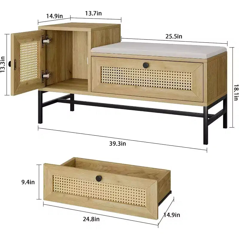 Rattan-Schuhbank mit kippbarem Fach und Kissen, Fassungsvermögen 3 Paar – für den Eingangsbereich