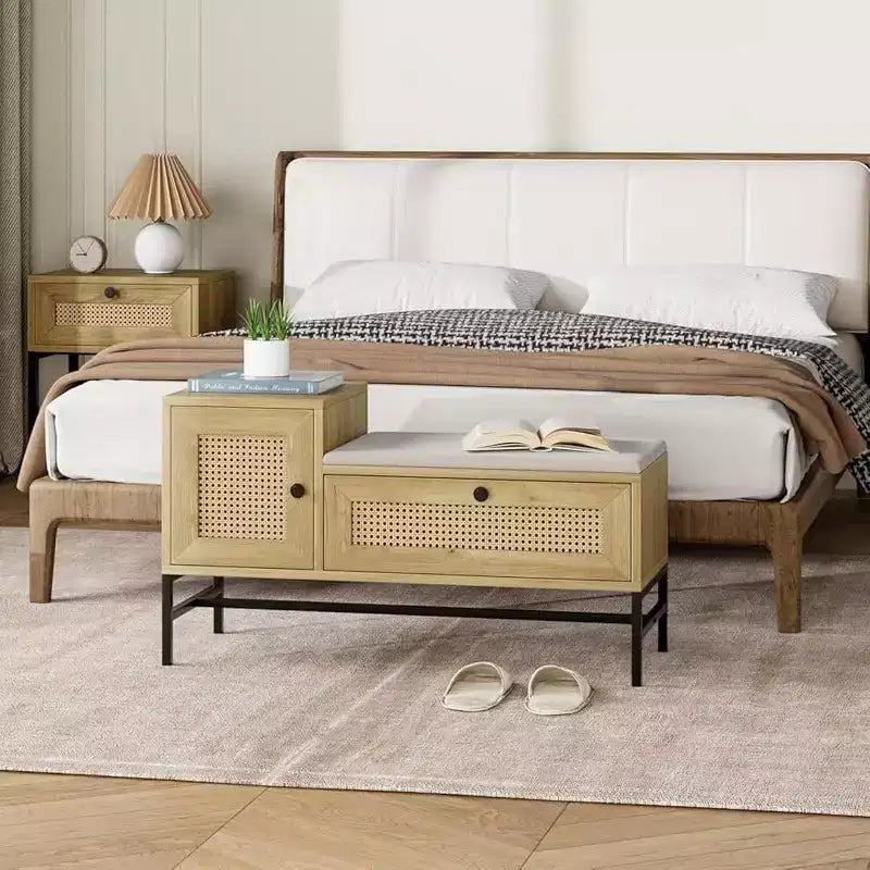Rattan-Schuhbank mit kippbarem Fach und Kissen, Fassungsvermögen 3 Paar – für den Eingangsbereich