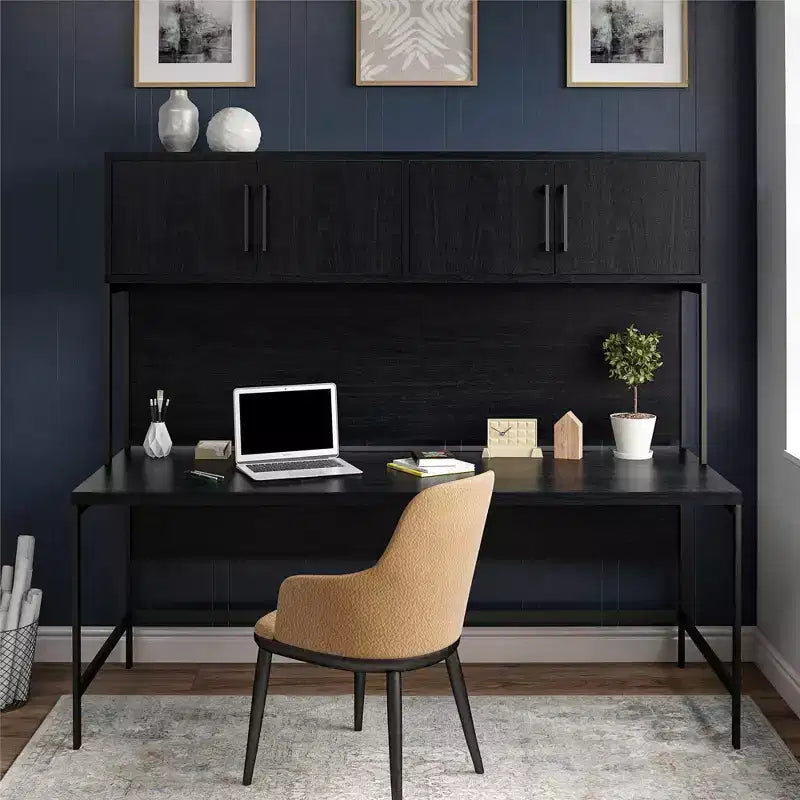 Bürohängevitrine Modern Schwarz/Eiche mit 4 Türen und 2 Fächern, 180×33×95 cm