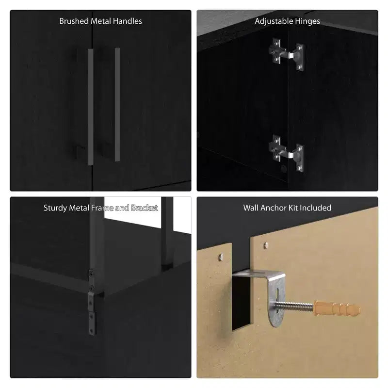 Bürohängevitrine Modern Schwarz/Eiche mit 4 Türen und 2 Fächern, 180×33×95 cm