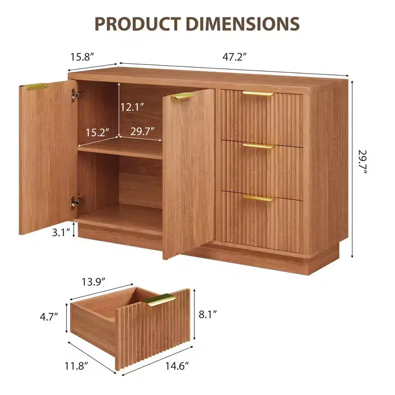 Sideboard aus Holz mit 3 Schubladen, 2 Türen und goldenen Griffen, 120×40×75 cm – für Esszimmer