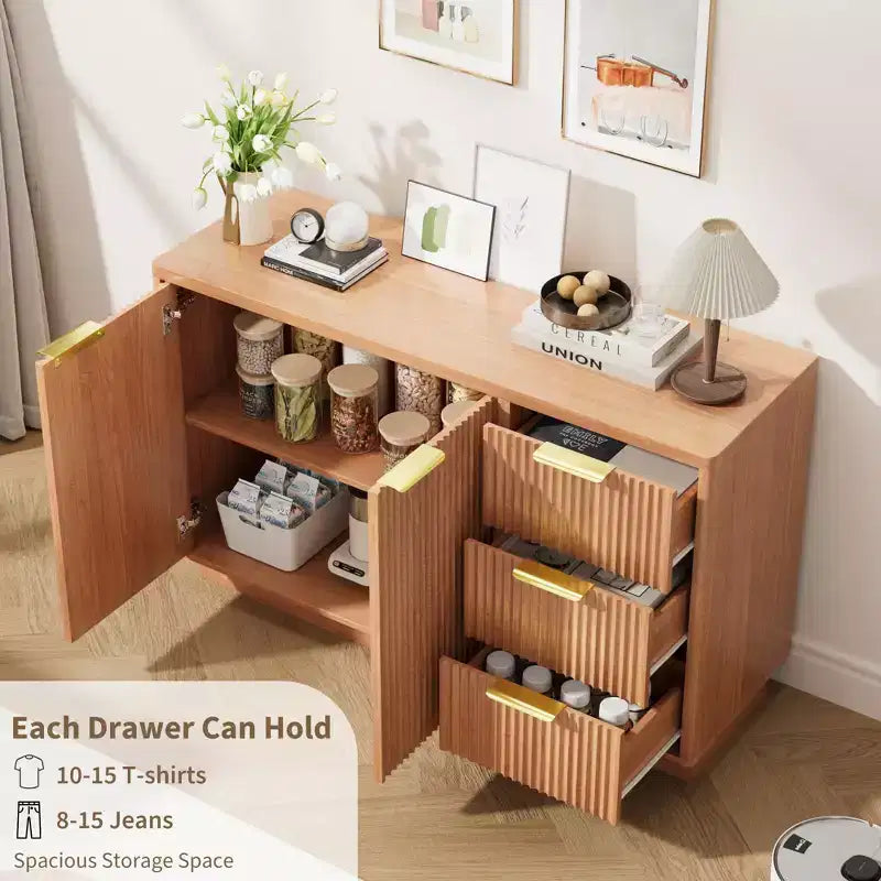 Sideboard aus Holz mit 3 Schubladen, 2 Türen und goldenen Griffen, 120×40×75 cm – für Esszimmer