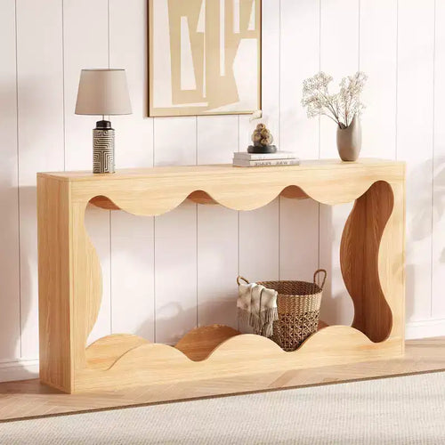 63" Console Table, Beige/Brown, Farmhouse Style, 1-Person Assembly