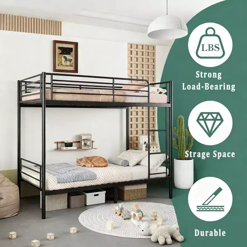 Schwarz/Weißes Doppelstockbett aus Metall mit Leiter, 2-Personen
