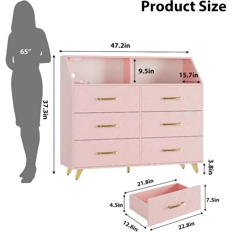 Pinke Kommode mit 6 Schubladen und Ladestation, goldene Beine – Moderner Stil, 1 Benutzer