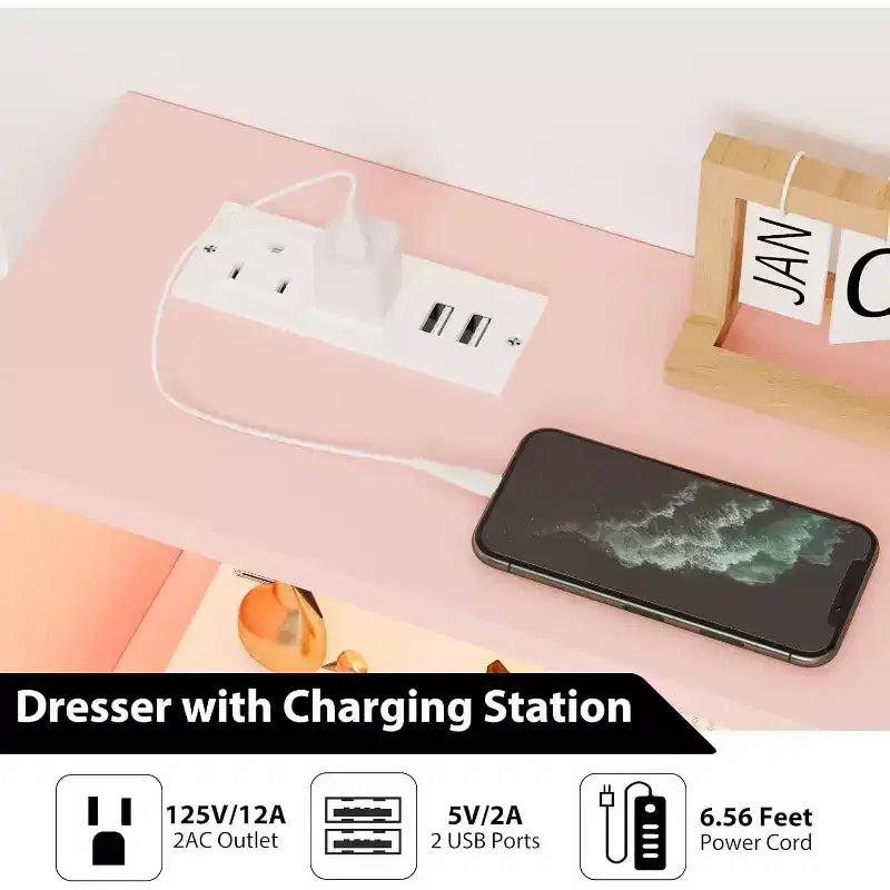 Pinke Kommode mit 6 Schubladen und Ladestation, goldene Beine – Moderner Stil, 1 Benutzer
