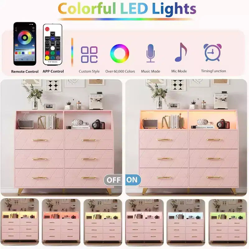 Pinke Kommode mit 6 Schubladen und Ladestation, goldene Beine – Moderner Stil, 1 Benutzer