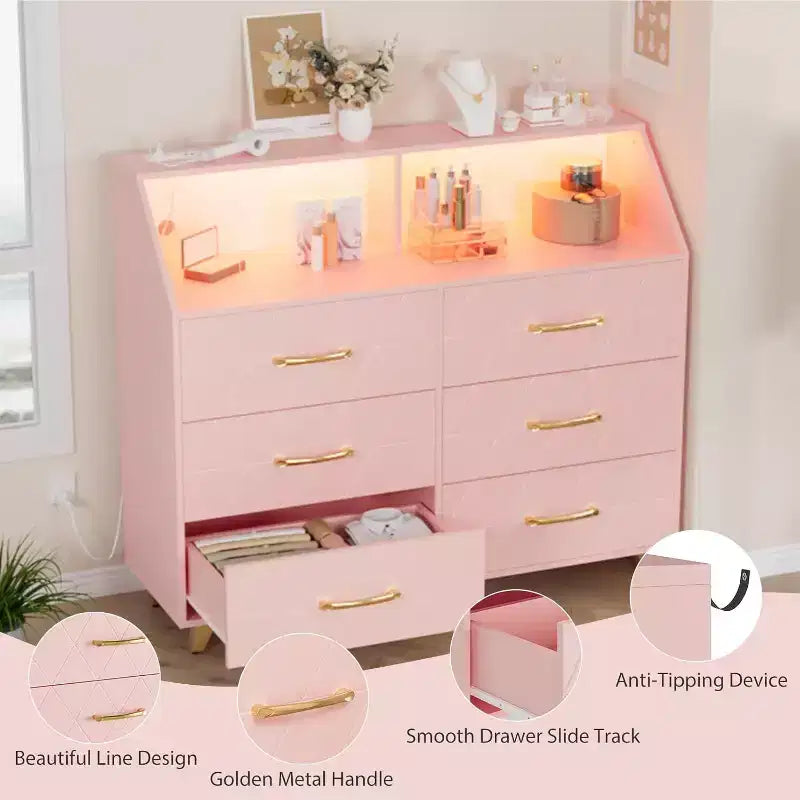 Pinke Kommode mit 6 Schubladen und Ladestation, goldene Beine – Moderner Stil, 1 Benutzer