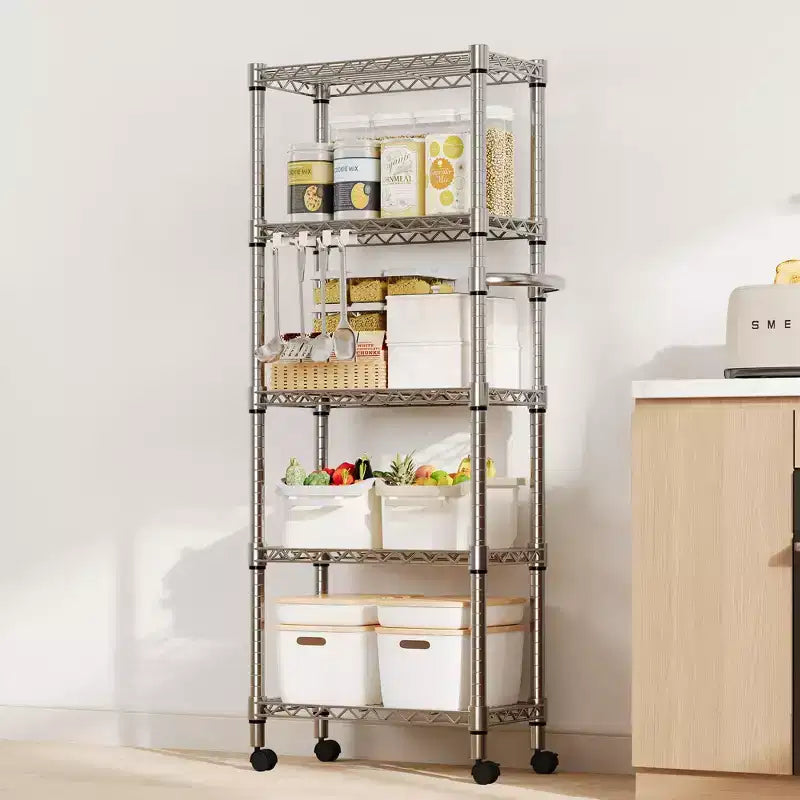 5-Tier Metal Storage Shelves with Wheels & Handle, Adjustable Wire Rack for Kitchen, Garage or Pantry, 1100LBS Capacity, Silver