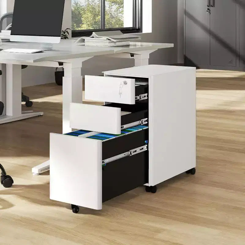 Weißer Rollcontainer mit 3 Schubladen und Schloss – Stahl, für 1 Benutzer, Büro/Zuhause