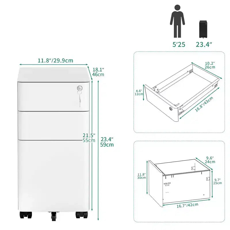 Weißer Rollcontainer mit 3 Schubladen und Schloss – Stahl, für 1 Benutzer, Büro/Zuhause