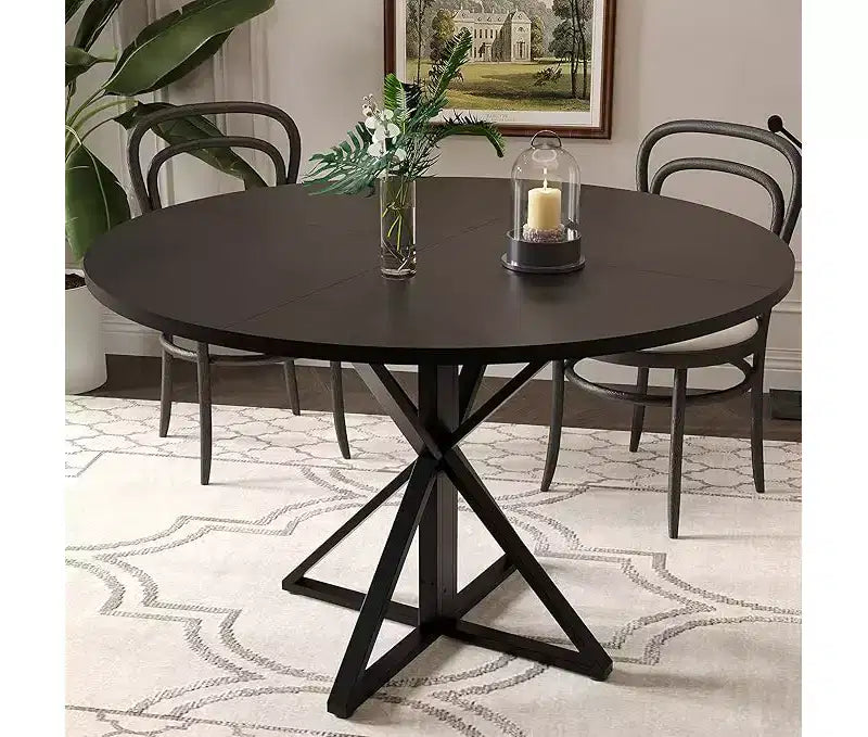 47 in Round Dining Table for 4, Wooden Circle Dinner Table, Heavy Duty Metal Pedestal & 4 Parts of Tabletop, Round Pedestal Kitchen Tables