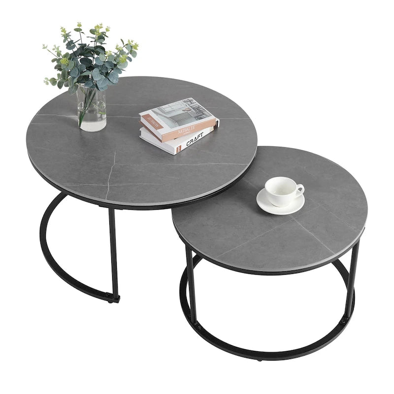 Satztisch Schwarz Metallgestell mit runder gesinterter Steinplatte - 80x45 cm