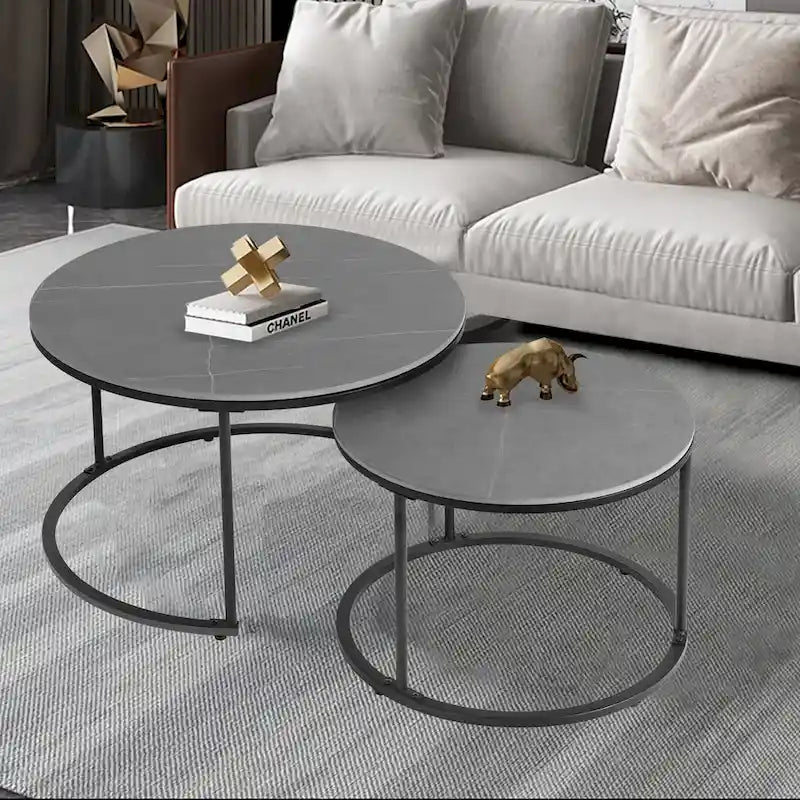 Satztisch Schwarz Metallgestell mit runder gesinterter Steinplatte - 80x45 cm